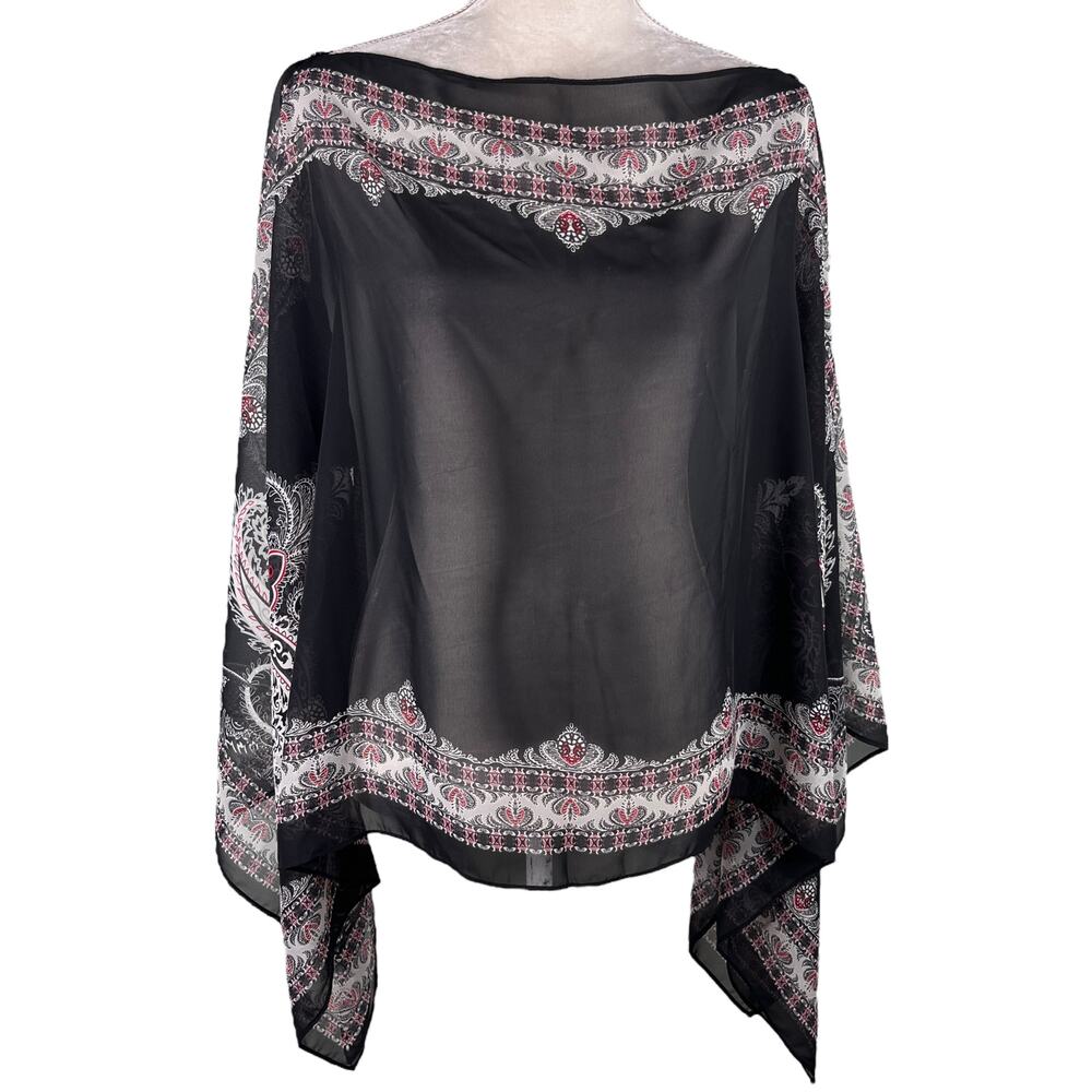 J Jill Poncho Two Way Semi Sheer Chiffon Multicolor Black Boho OS - Picture 2 of 16